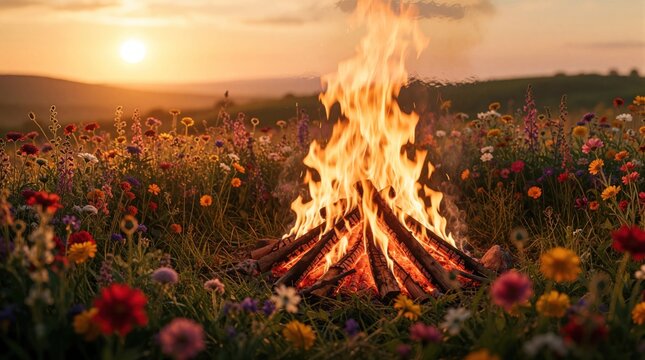Campfire burns in blooming meadow at sunset with hills in background. Wildflowers surround bonfire during twilight hour creating warm atmospheric scene for celebration or ritual.