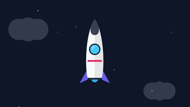 Flat design 2D vector rocket ship flying through space with clouds passing by.