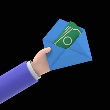 Money in envelope hold in hand businessman.Cash american dollars.Financial gift.Finance concept.Open paper envelope with money.3D rendering on black Screen for footage and clipping path.
