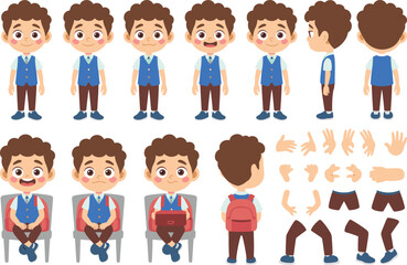 Fototapeta premium Cartoon boy in blue vest and brown pants with various accessories and poses