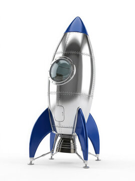Silver metal retro toy rocket with blue fins and round porthole window isolated generated using ai
