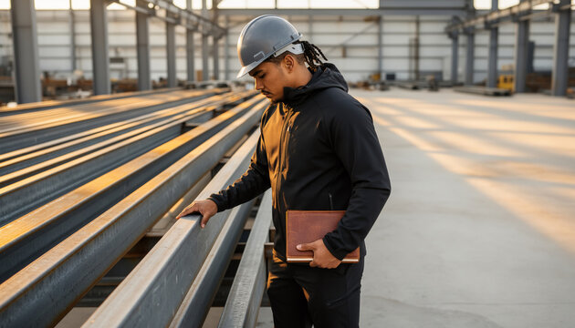 Industrial engineer inspecting heavy steel beams at construction site holding folder during sunset with wide eye level shot and warm golden hour lighting with copy space