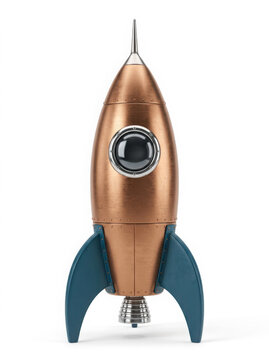 Copper and blue vintage toy rocket ship with metallic fins and porthole on generated using ai