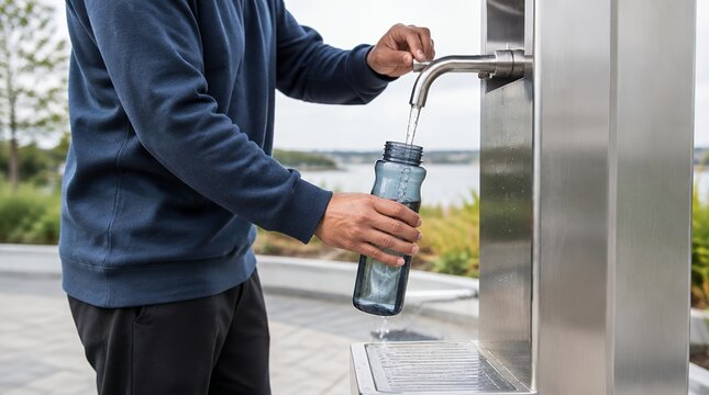 Man filling a reusable plastic water bottle at an outdoor public drinking fountain.