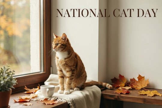 Ginger cat sitting on a windowsill with autumn leaves and a cup of tea