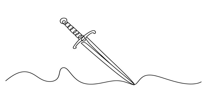 Continuous single line drawing of a sharp medieval sword weapon resting on a flat surface representing historical combat and fantasy adventure gaming