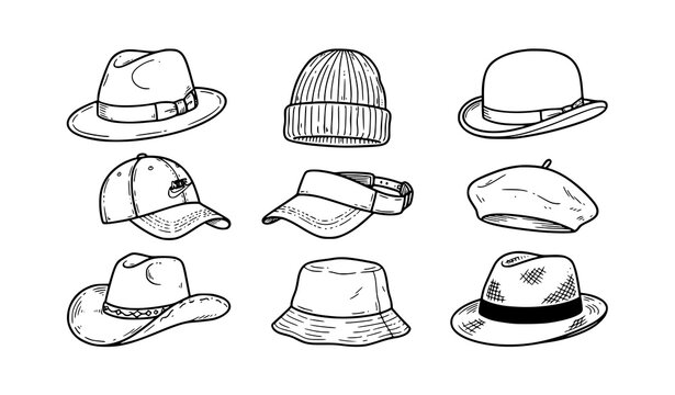 Hand Drawn Hat Icons &ndash; Fashion Headwear Doodle Line Illustration