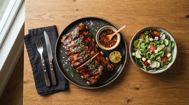 Grilled BBQ Pork Ribs Platter with Fresh Garden Salad.
