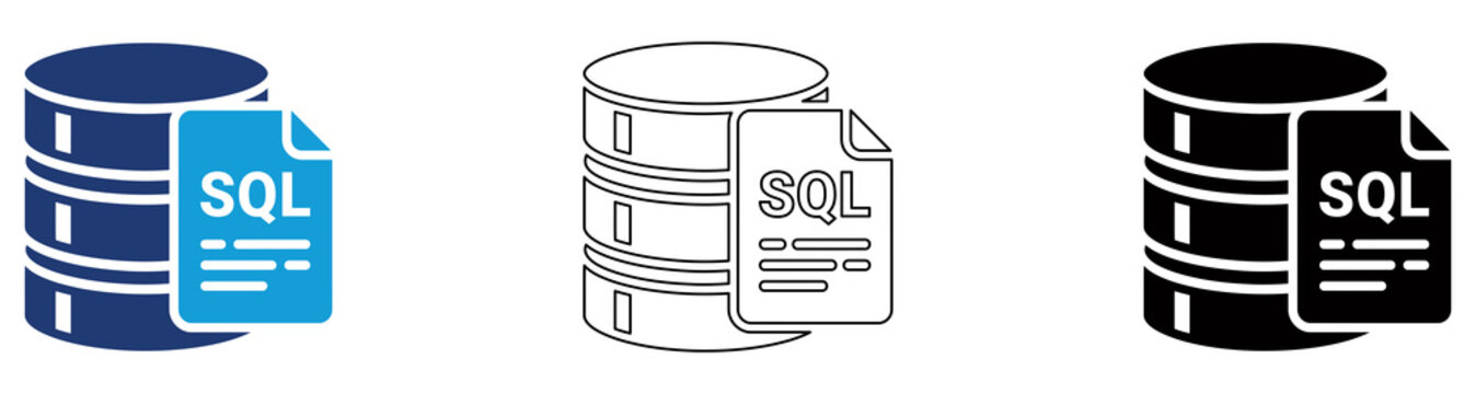 Multicolor SQL Database Icon Set with Filled and Outline Styles for Database Management Structured Query Language Data Storage and Server Administration Isolated on Transparent Background