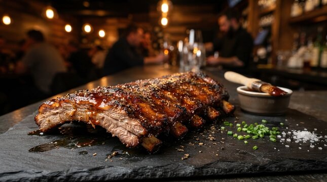 Grilled BBQ Baby Back Ribs on Slate Board in Restaurant.