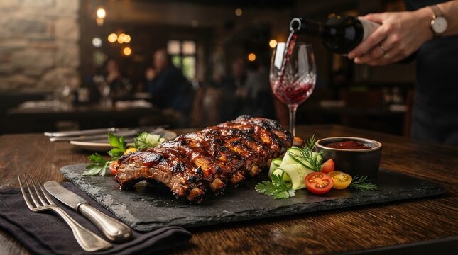 BBQ Pork Ribs Served with Red Wine in Rustic Restaurant.