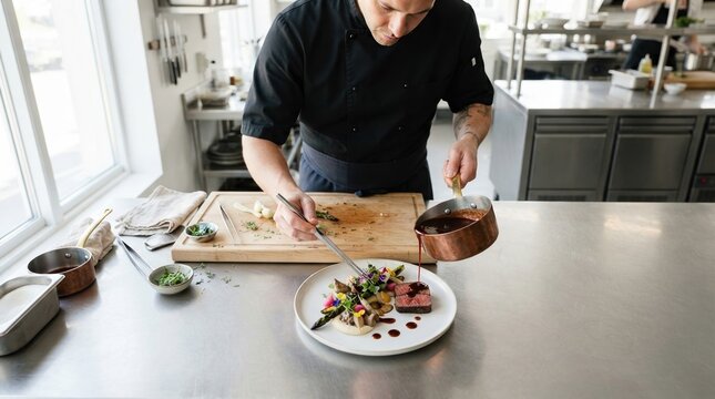 Professional Chef Plating Gourmet Beef Dish in Restaurant Kitchen.