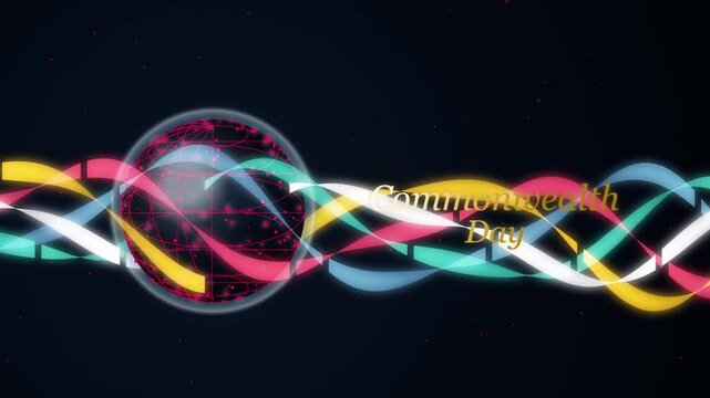 Commonwealth day motion with abstract globe and colorful glowing waves