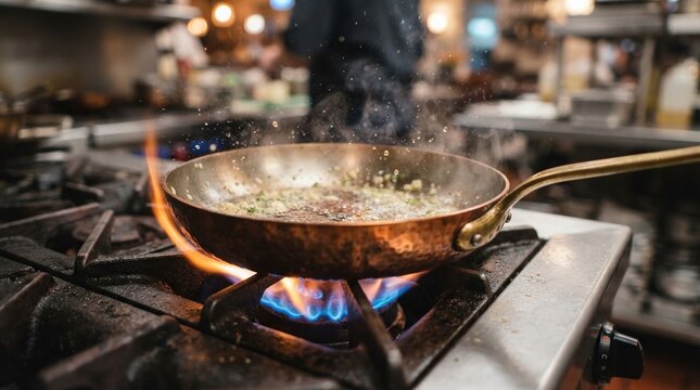 Copper pan heating on gas stove in professional kitchen.