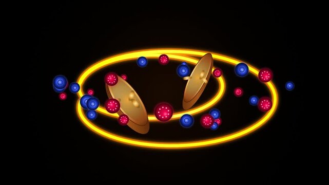 Abstract 3 d gold coins orbiting with glowing neon rings and particles with Motion background