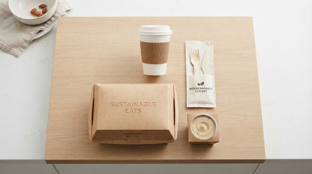 Eco-friendly food packaging set on wooden table.