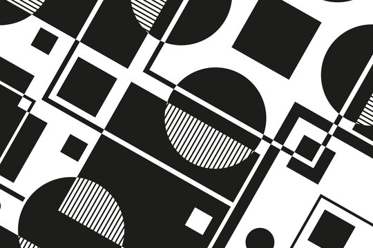 Abstract geometric monochrome pattern with symmetrical squares, circles, and diagonal lines in black and white style.