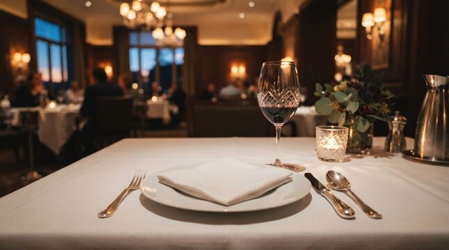 Formal Restaurant Table Setting with Wine and Candles.