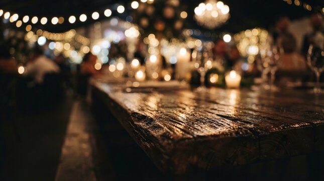Empty rustic oak wood table in a dimly lit restaurant with bokeh background.
