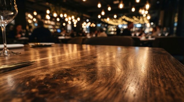 Polished Walnut Wooden Restaurant Table Surface.