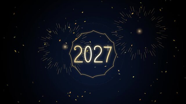 2027 new year celebration motion background with golden fireworks and typography