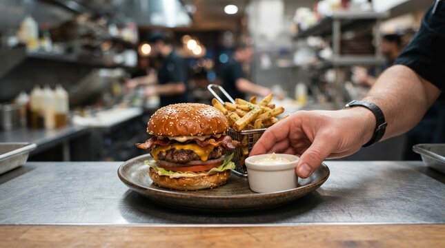 Chef Placing Garlic Aioli Dip with Gourmet Burger.