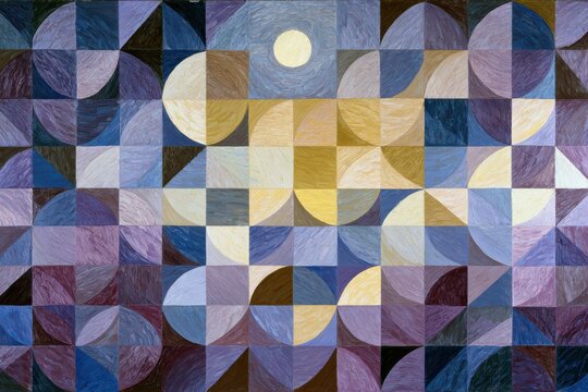 Abstract geometric painting, purple and yellow semicircle grid, central glowing celestial moon, mosaic