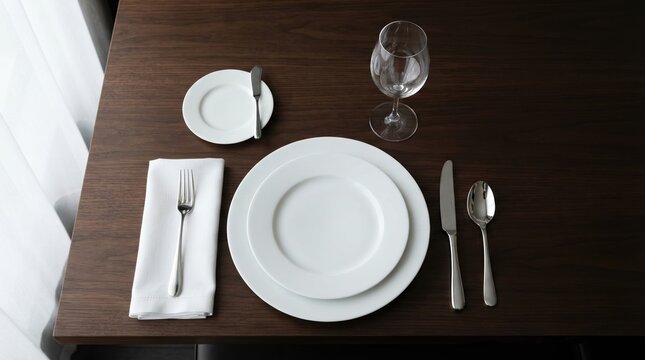 Elegant Restaurant Table Setting with White Plates and Cutlery.