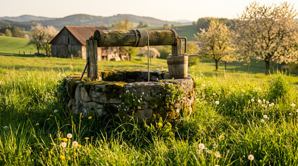 Obraz premium An old stone water well with a wooden winch in a sunny green meadow