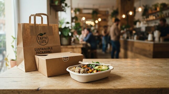 Sustainable Takeaway Food Packaging on Wooden Counter.