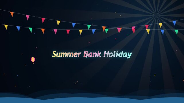 Summer bank holiday celebration motion with colorful bunting and festive background