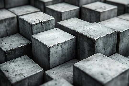 Industrial concrete cubes of varying heights showcasing raw material texture and structural geometry