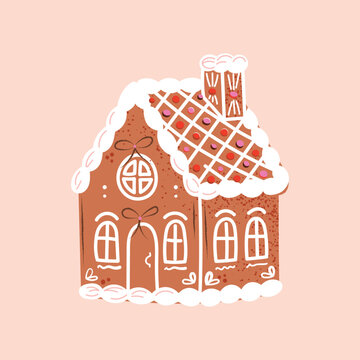 Gingerbread House With White Icing Snow Roof, Candy Dots, Bow Decorations, Arched Windows And Chimney, Christmas Holiday Treat In Brown, White And Blush Pink, Flat Vector Illustration