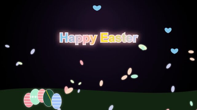 Happy easter greeting animation with falling colorful eggs and hearts with motion background