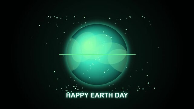 Happy earth day glowing planet animation with orbiting ring and stars