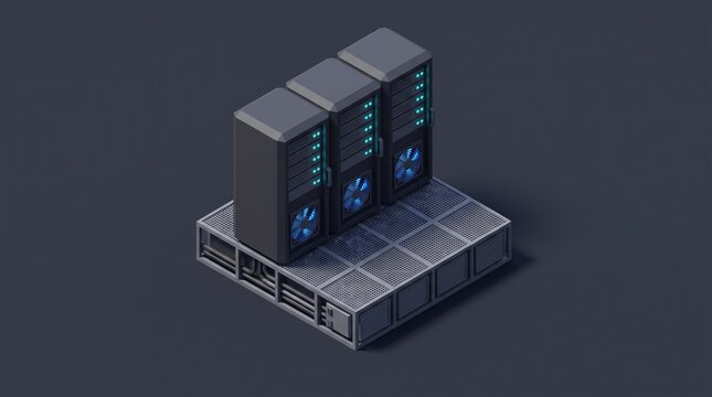 3D dimetric low poly server rack data center game tile