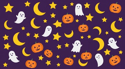 Obraz premium Halloween pattern with cute ghosts carved pumpkins and golden stars on purple background.