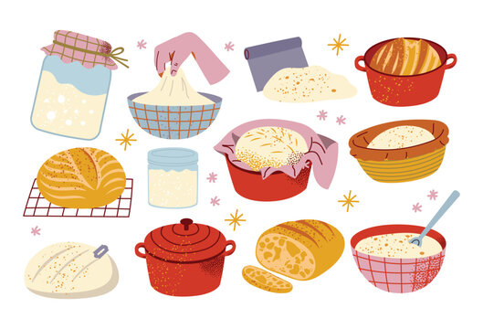 Sourdough Bread Set With Starter Jar, Dough Bowl, Bench Scraper, Dutch Oven, Proofing Basket, Scored Loaf, Sliced Bread And Cooling Rack, Red, Mustard And Pink, Flat Vector Illustration
