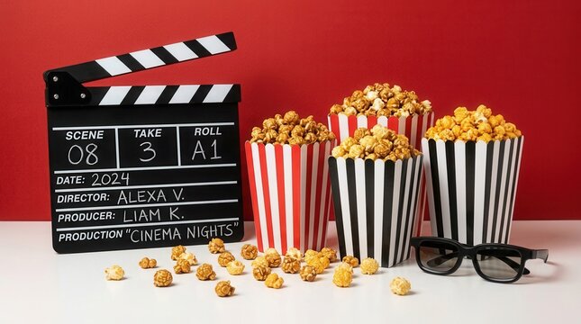 Side view of a table with 3D glasses, a clapperboard, and striped boxes of cheese and caramel popcorn, creating cinematic anticipation against a red wall.