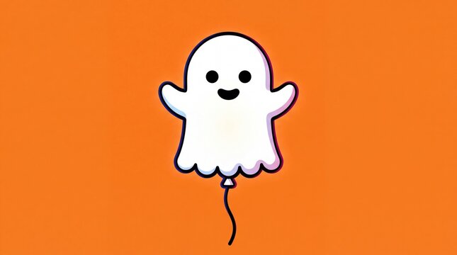Cute cartoon ghost shaped balloon with a happy face on a bright orange background for Halloween
