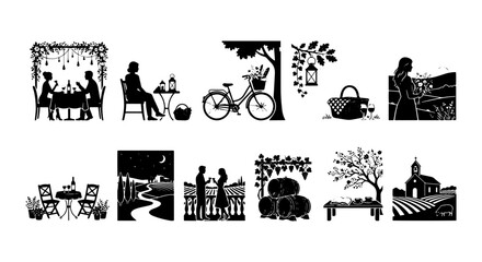 Fototapeta premium Vineyard Lifestyle Scenes, Wine Country Icons, Rural Ambiance, Romantic Getaway Vector Set