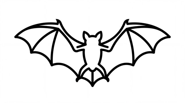 Black line art icon of a bat flying with wings spread on white background