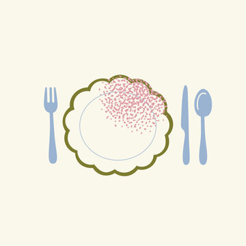 Table Setting With Scalloped Olive Green Plate, Blue Fork, Knife And Spoon, Pink Speckle Texture, Cream Background, Minimalist Dining Cutlery Place Setting, Flat Vector Illustration