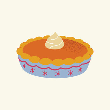 Pumpkin Pie With Whipped Cream Swirl, Cinnamon Dusting And Fluted Golden Crust In Blue Ceramic Dish, Thanksgiving Autumn Dessert, Orange, Mustard And Blue, Flat Vector Illustration