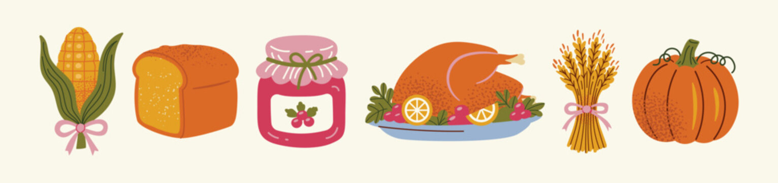 Thanksgiving Harvest Set With Roast Turkey, Corn Cob, Bread Loaf, Cranberry Jam Jar, Wheat Sheaf, Pumpkin And Pink Bows, Autumn Feast, Orange, Green And Pink, Flat Vector Illustration