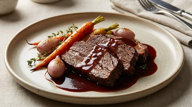 Delicious roasted beef steak with red wine sauce served with fresh carrots and onions on a round plate. braised brisket  