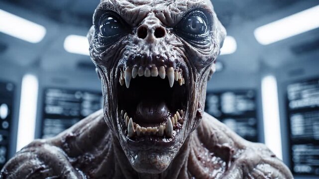 Scary extraterrestrial alien monster inside futuristic spaceship