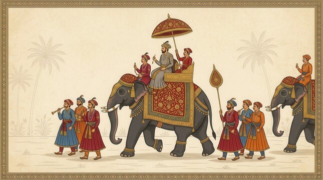 An Indian Mughal miniature painting of a royal maharaja procession featuring decorated elephants and attendants.