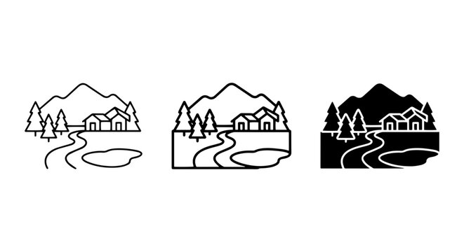 Mountain Village Icons, Rural Landscape Scenes, Nature & Architecture Vector Graphics