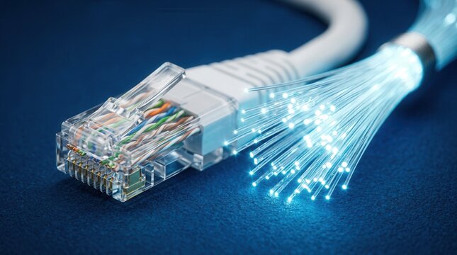 Blue background featuring a network cable and illuminated optical fibers.